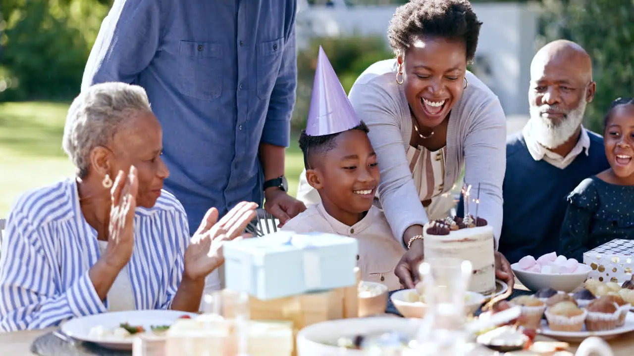 Happy family child and cake in outdoor