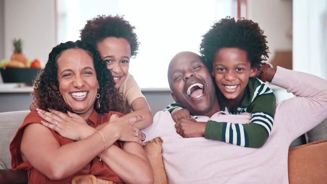 Home hug and face of happy African family love