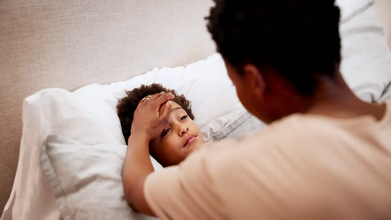 Fever child and woman for healthcare in bed