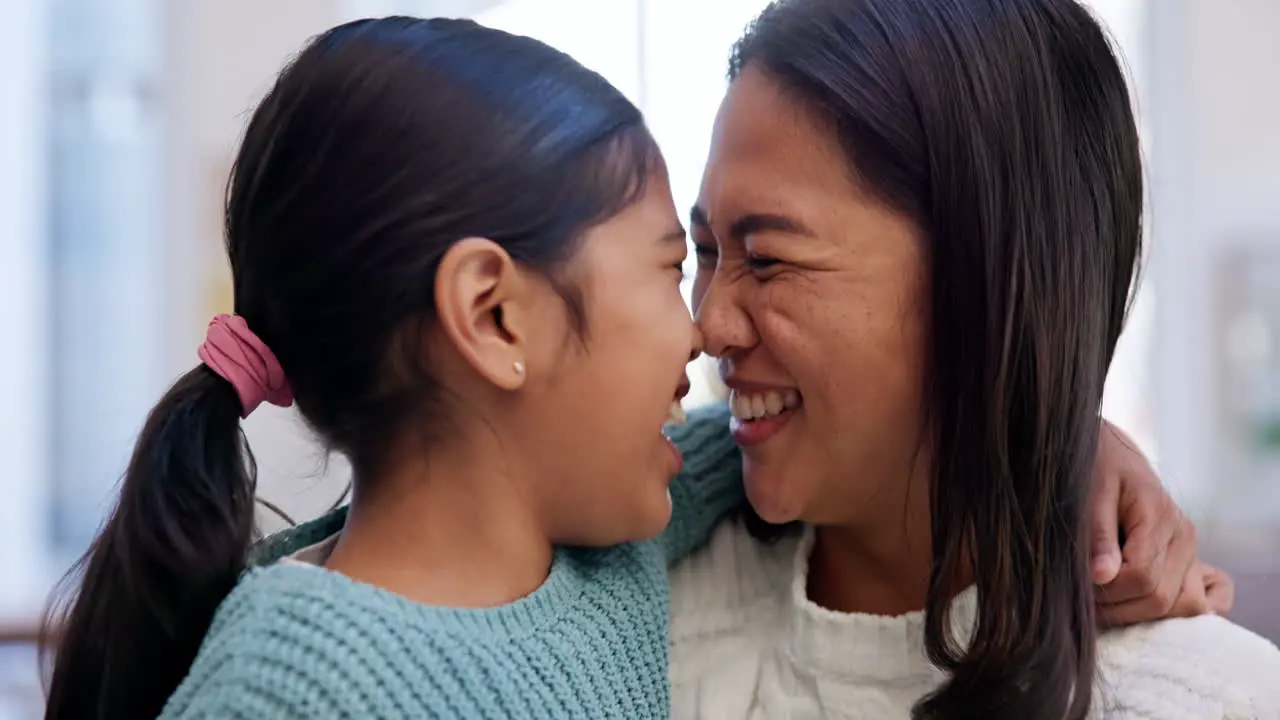 Love nose together and girl with mother in home