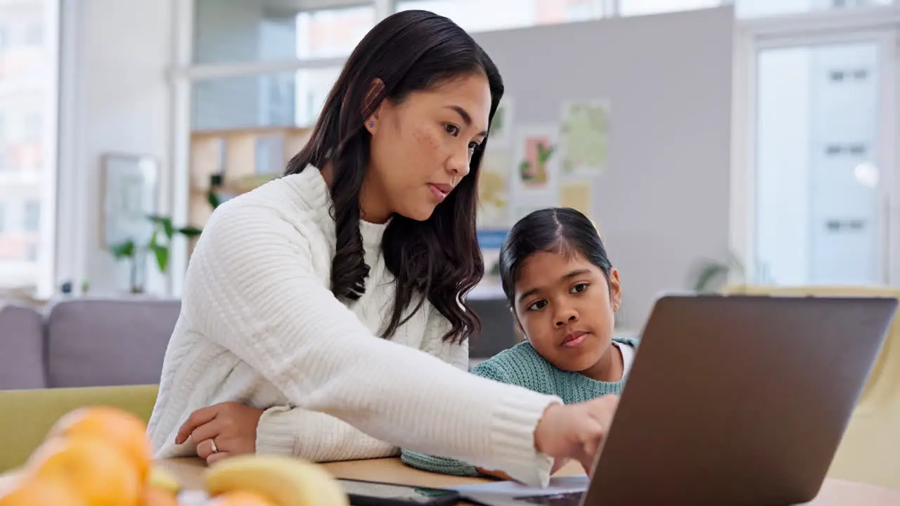 Mom girl and laptop on reading