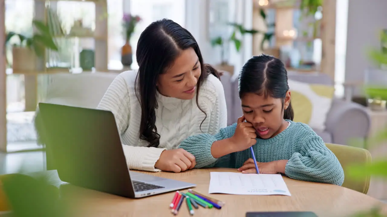 Mom girl and writing homework with laugh