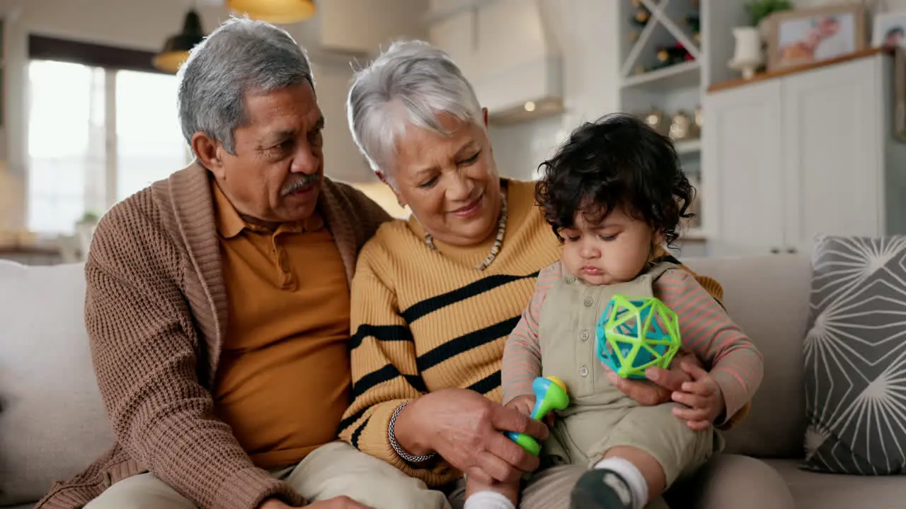 Grandparents grandchild and home with toy