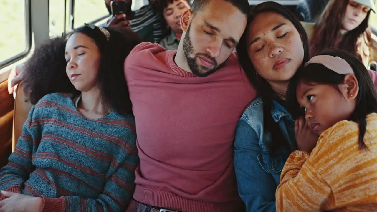 Van kids or big family sleeping on road trip