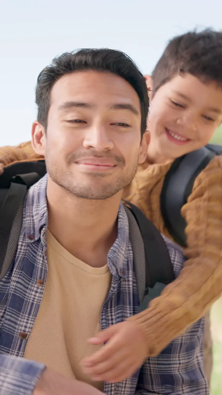 Hiking love and face of father with boy child