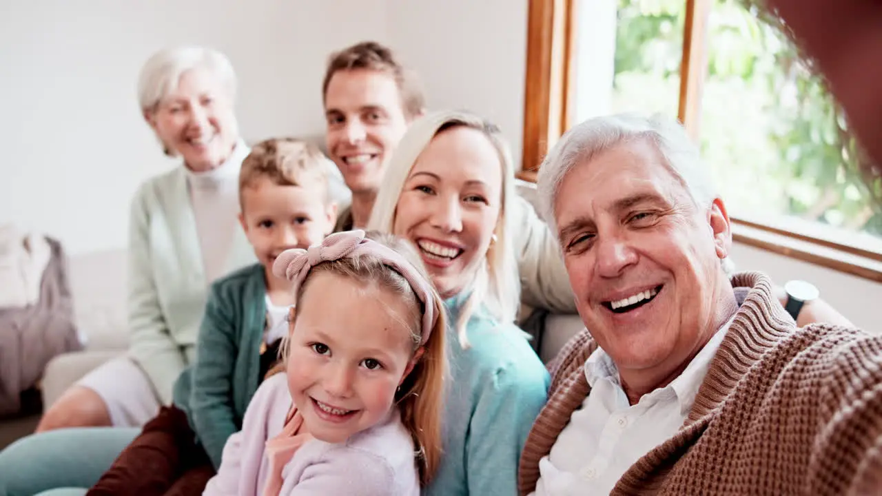 Happy big family relax and sofa for selfie