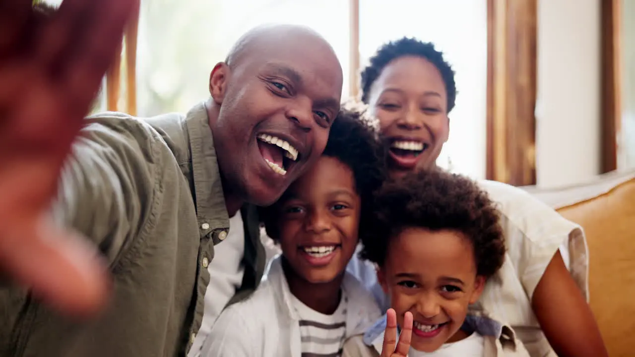 Happy black family sofa and selfie in relax