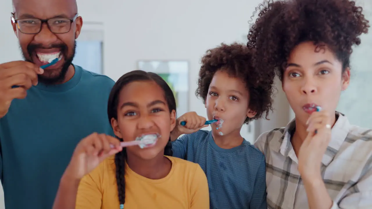 Dental love and happy family brushing teeth