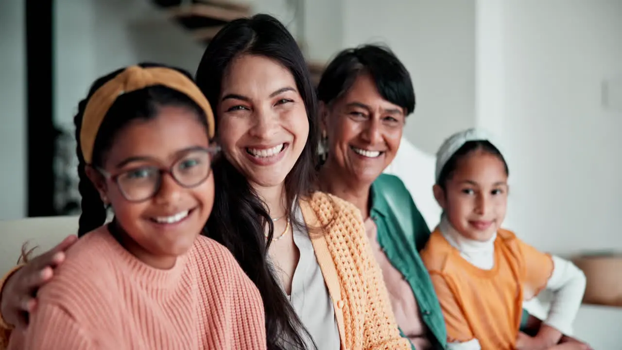 Face happy family or together with care on couch