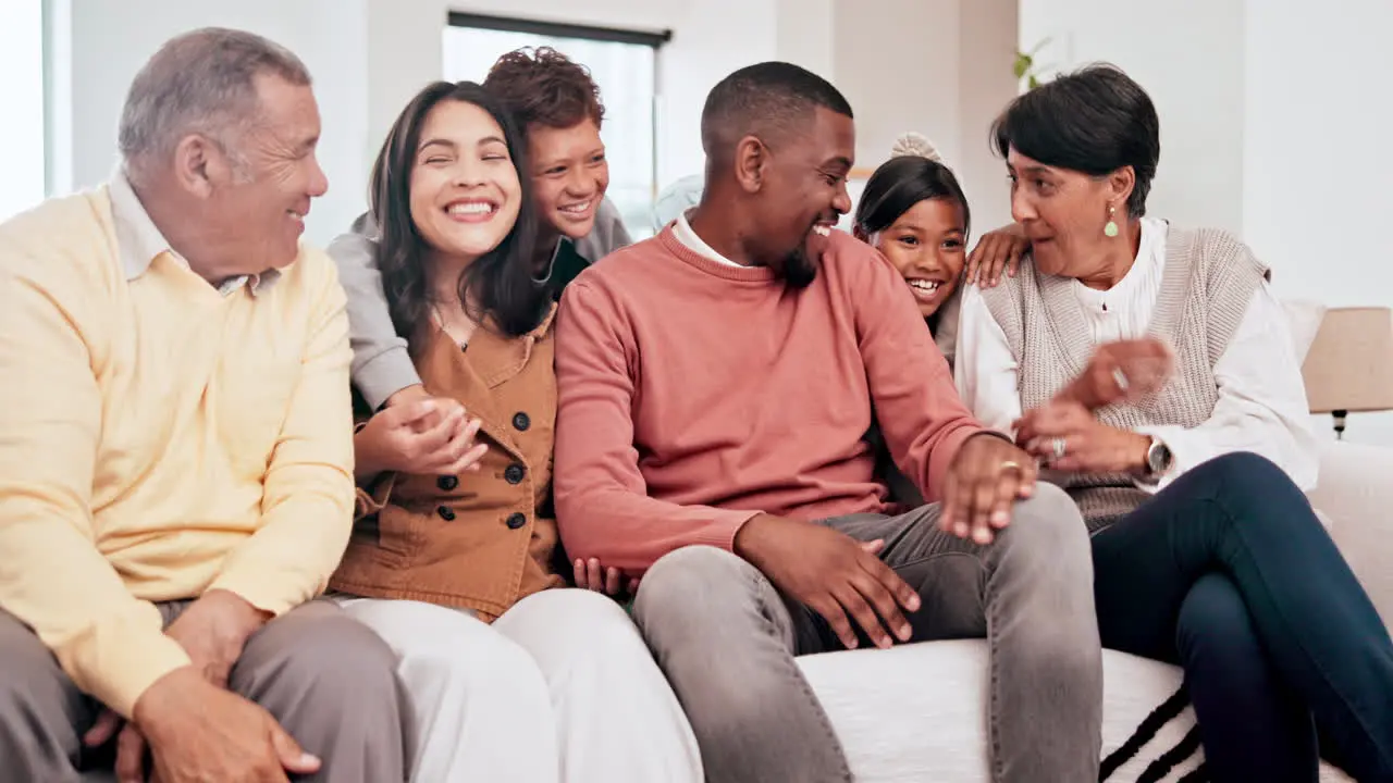 Happy conversation and big family on a sofa