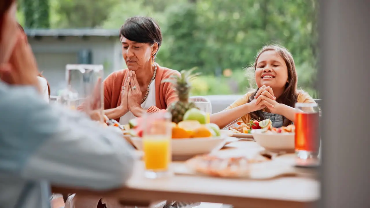 Food praying and happy family outdoor with love