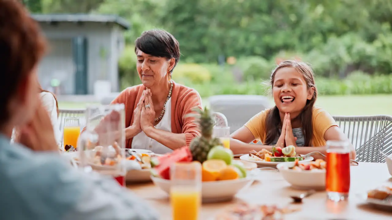 Praying food and happy family outdoor with love