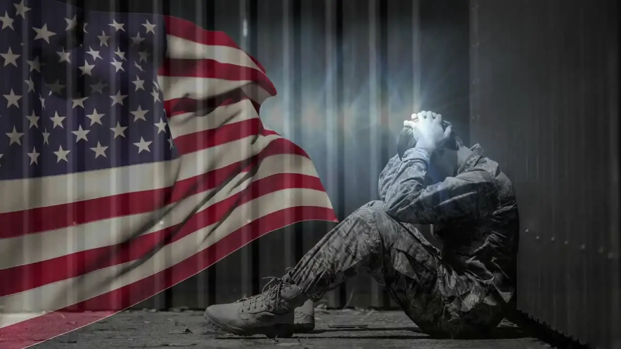 Digital animation of upset army soldier sitting opposite to American flag 4k