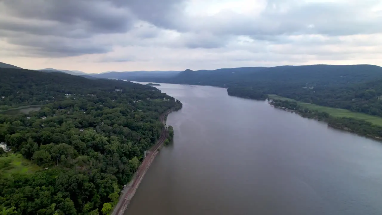 aerial push down the hudson river near highland falls ny new york