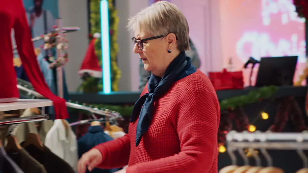 Elderly woman browsing through blazer racks in clothing store men section looking for perfect xmas gift for husband during winter holiday season Customer searching clothes to give as presents