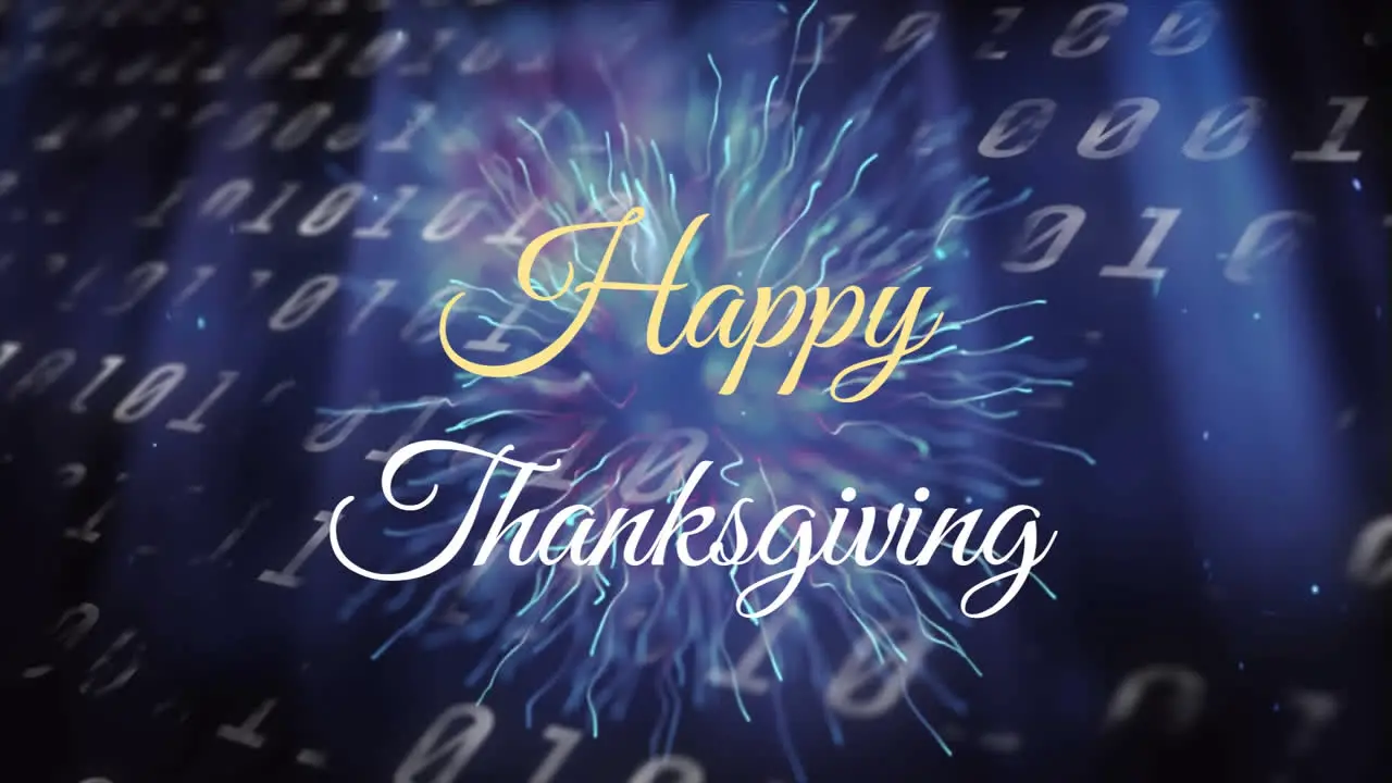 Happy thanksgiving text against binary coding data processing on blue background