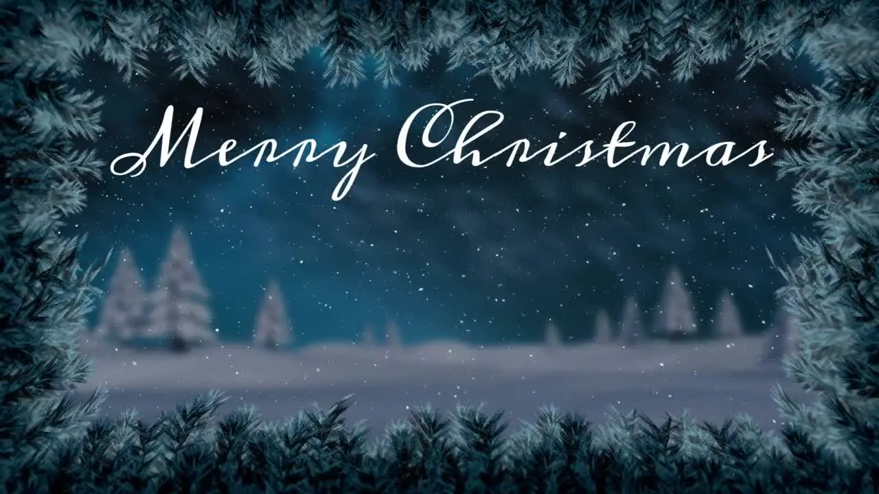 Animation of merry christmas text and snow covered trees and landscape with pine leaves