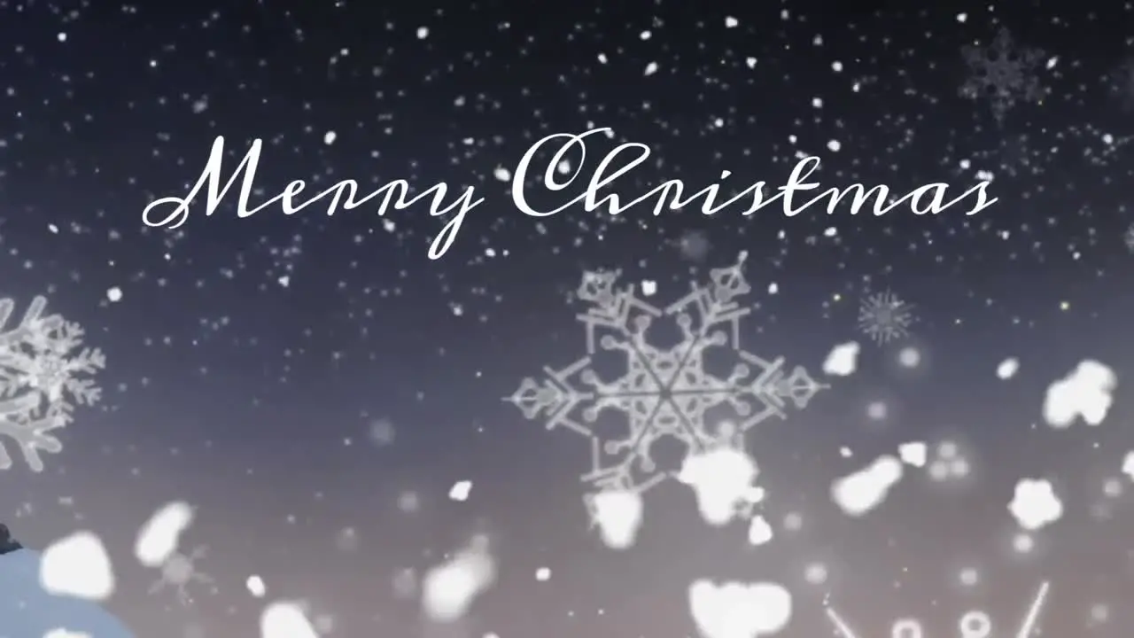 Animation of lens flare snowflakes over merry christmas text with stars in sky