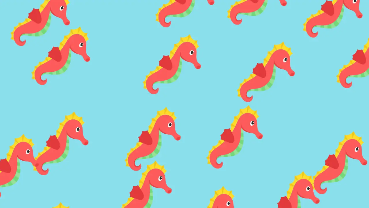 Animation of rows of red seahorses on blue background