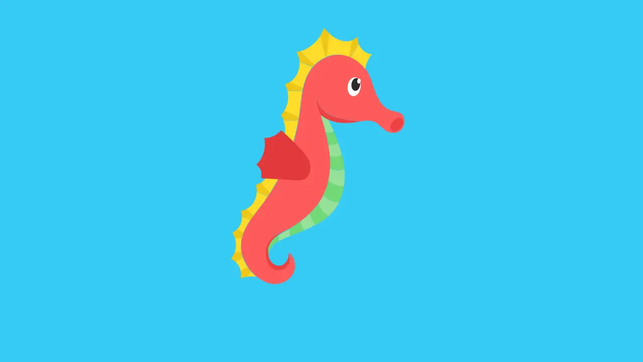 Animation of red sea horse with copy space on blue background