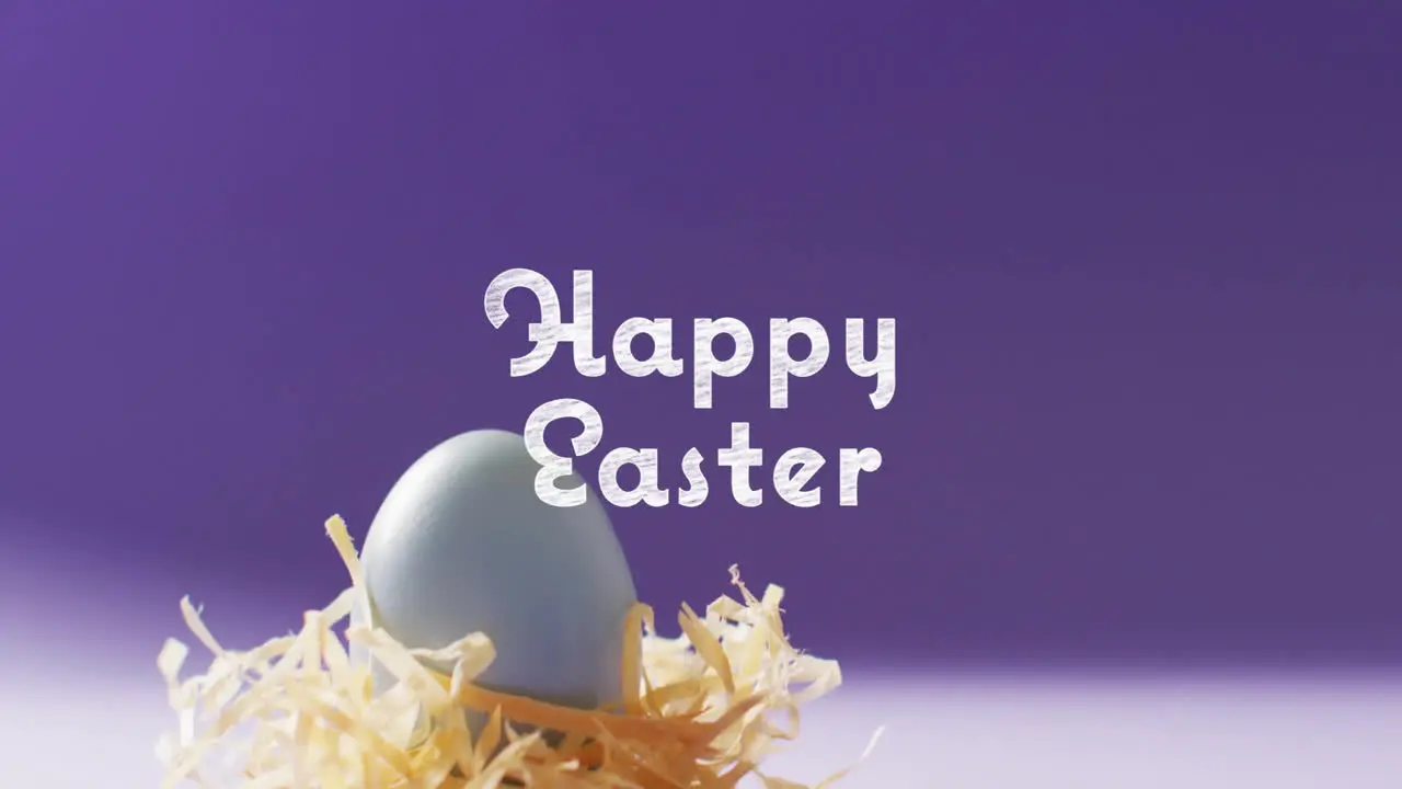 Animation of happy easter text over blue easter eggs on purple background