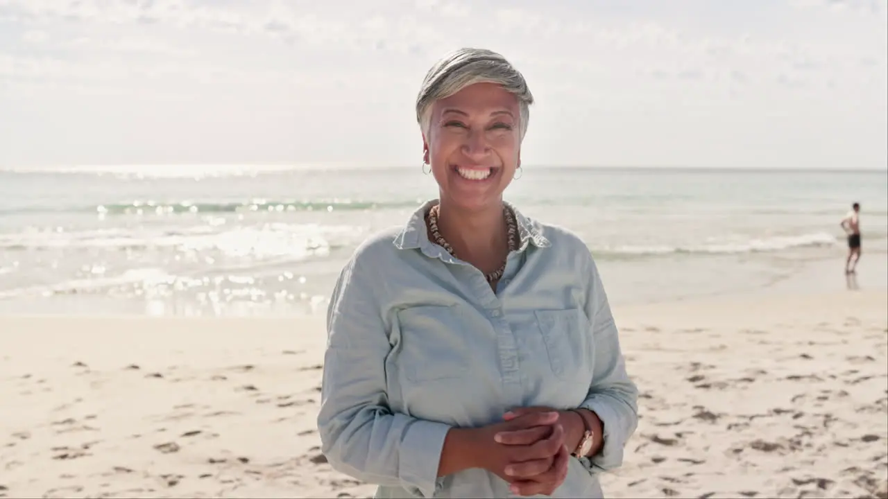 Face relax and elderly woman at a beach