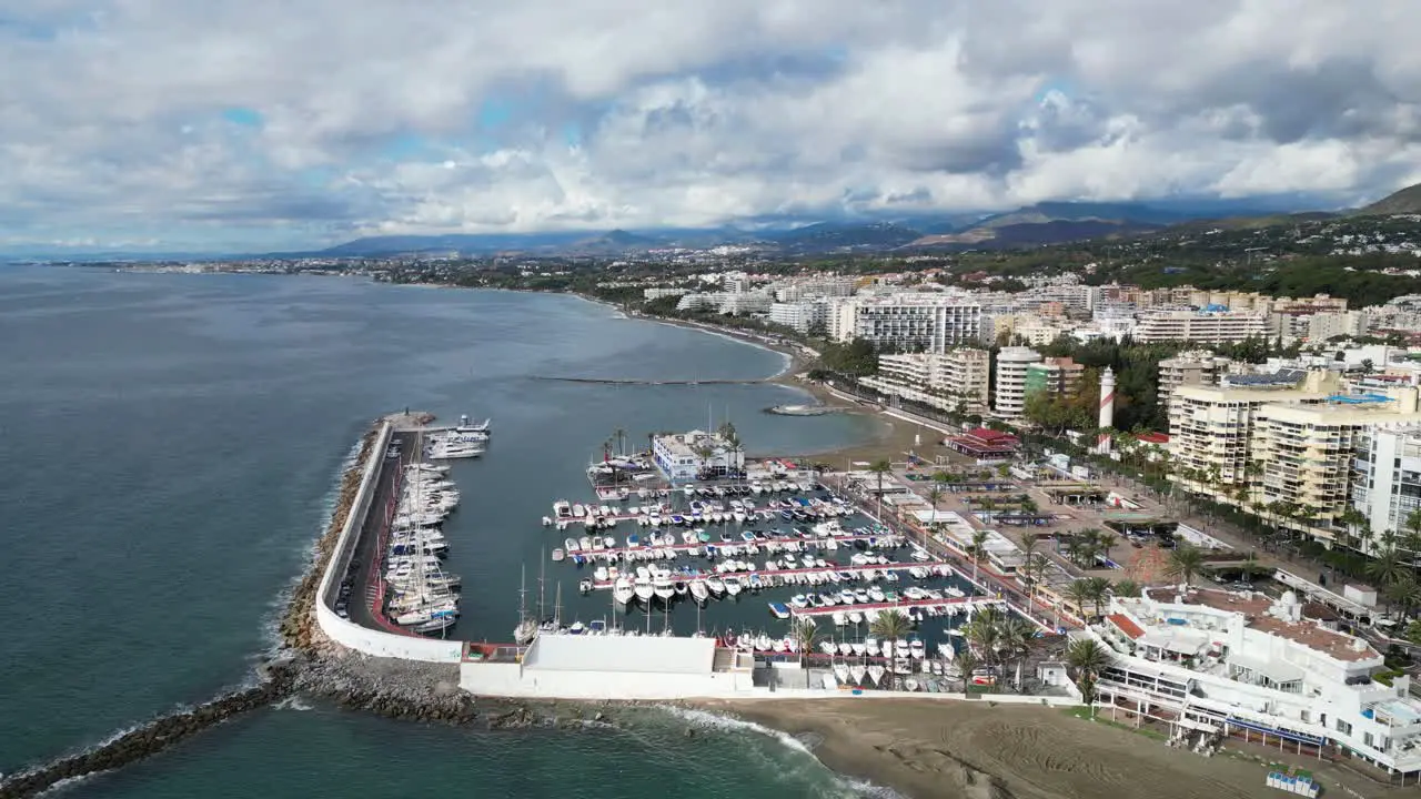 Marbella Coastline Port Boulevard and Hotels in Andalusia Spain Aerial