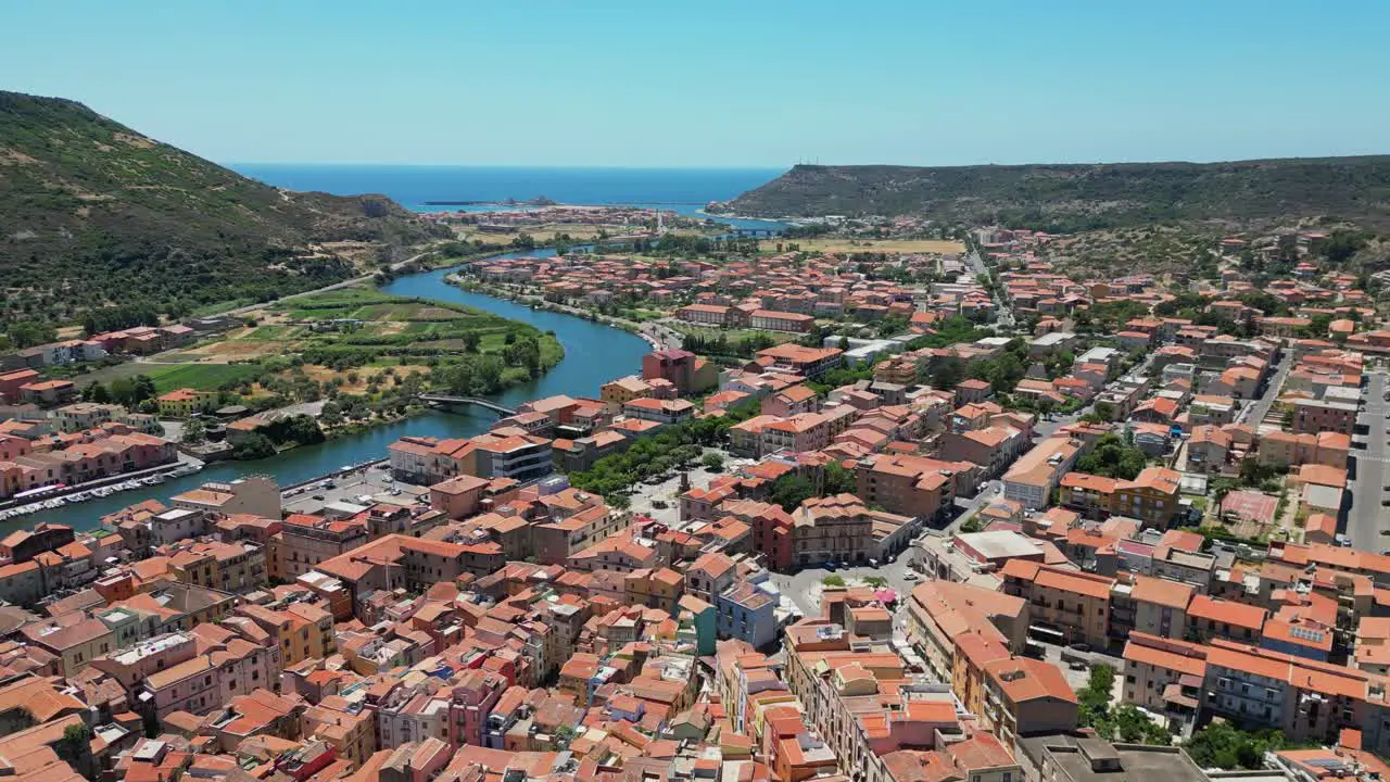 Bosa city and Temo River at West Coast of Sardinia Italy 4k Aerial