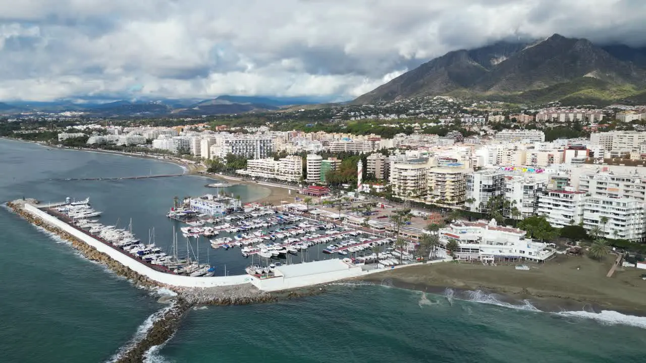 Marbella Coast with Port Boulevard and Hotels in Andalusia Spain Aerial