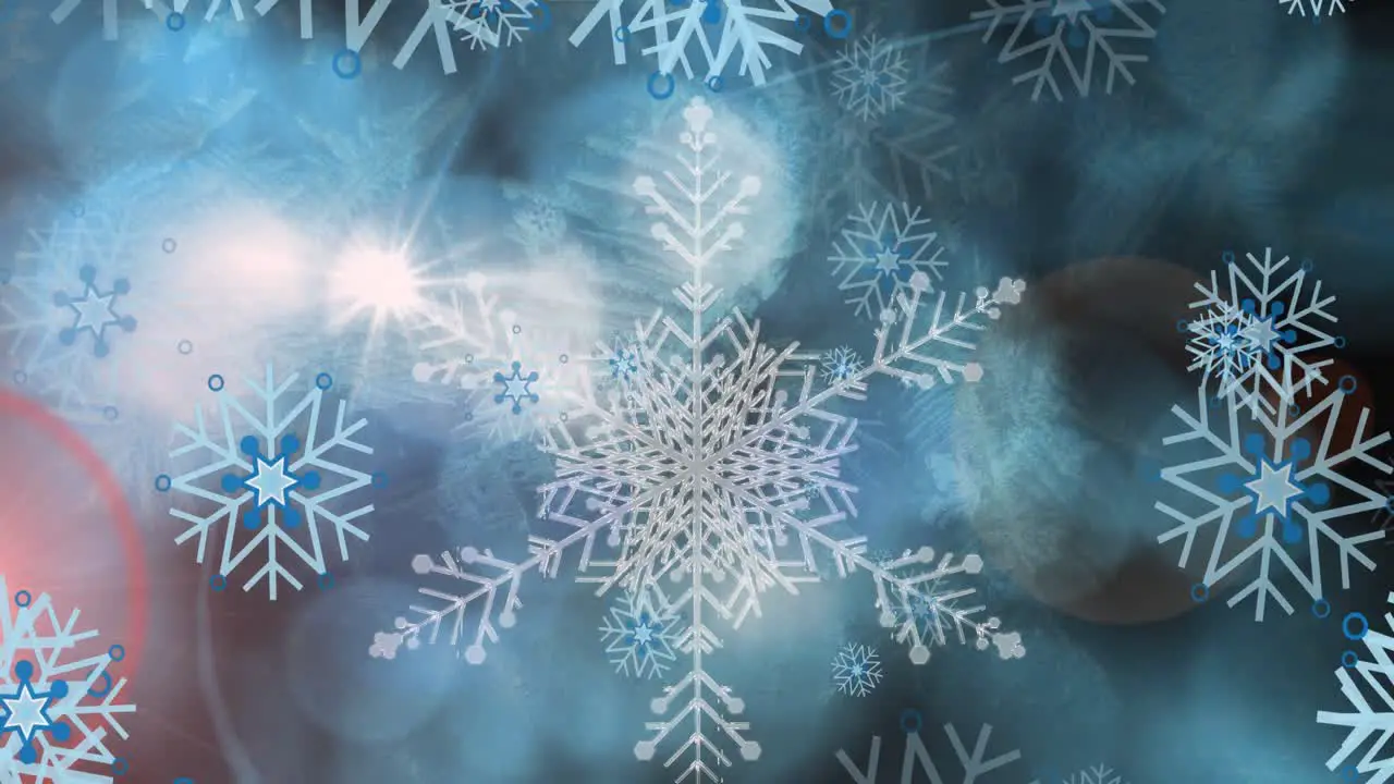 Animation of hexagons pattern looping snowflakes and lens flare over abstract background