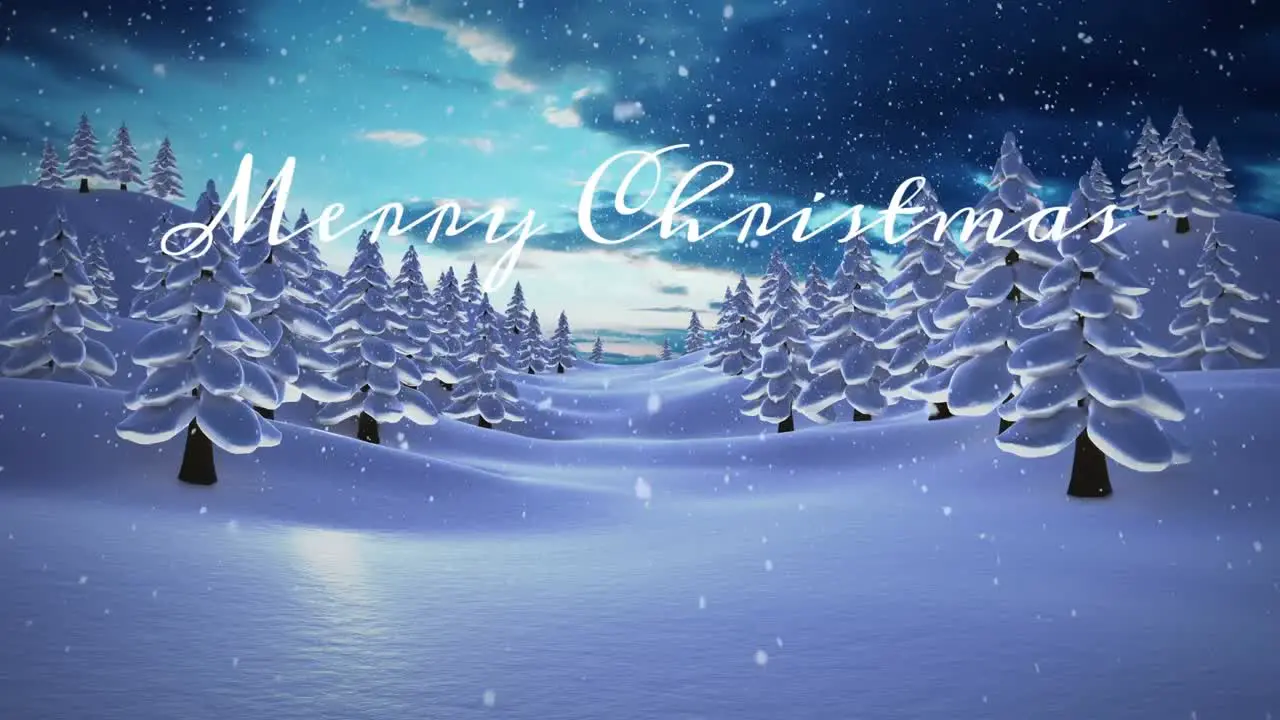 Animation of snowfall and snow covered coniferous trees on landscape against clouds at night