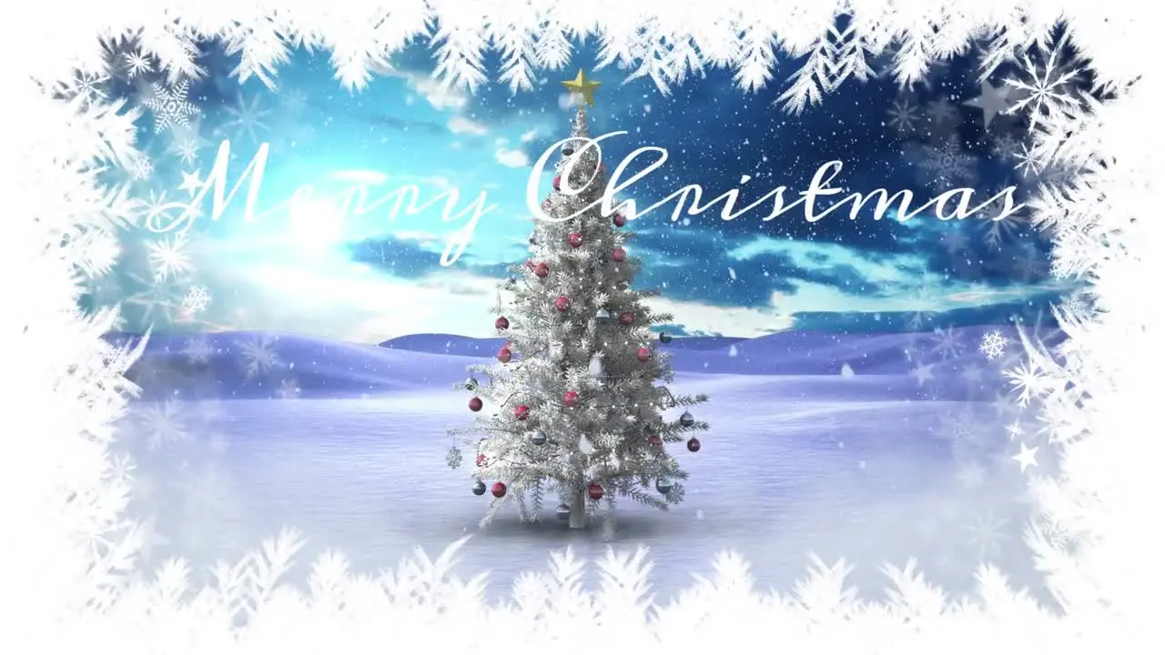 Animation of snow covered christmas tree in snowflakes frame with merry christmas text