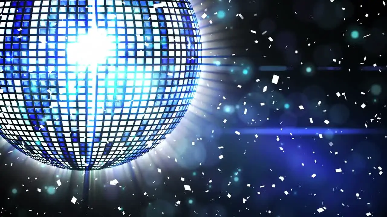 Animation of confetti against blue shiny disco ball spinning with light beams