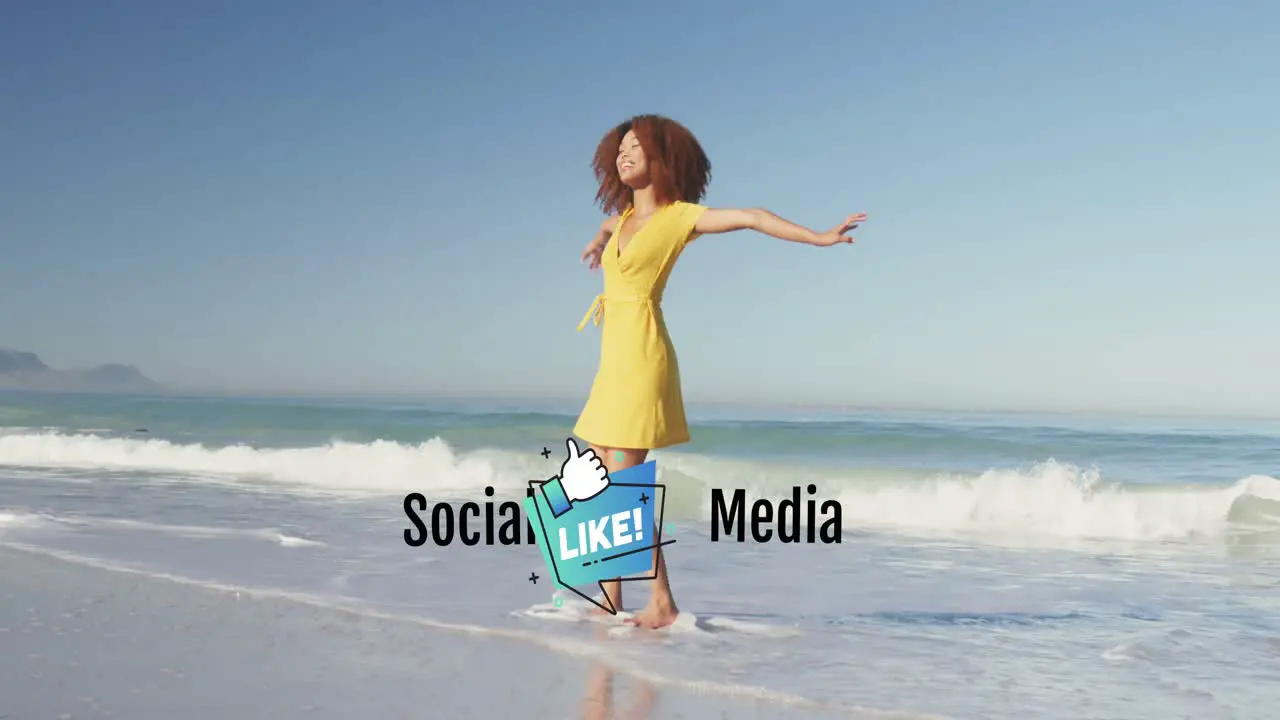 Animation of social media and like icon over happy african american woman having fun on beach