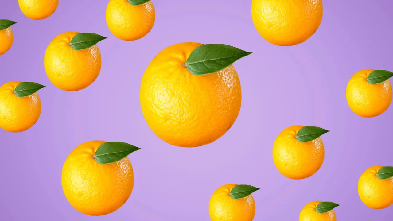 Animation of single oranges floating on purple background