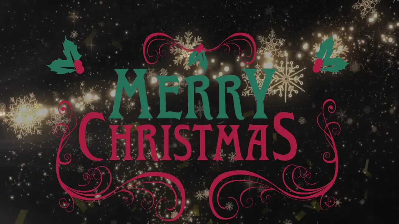 Animation of merry christmas text in abstract pattern over lens flares and falling confetti