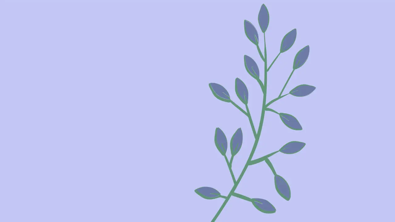 Animation of twig with blue leaves and copy space moving on purple background