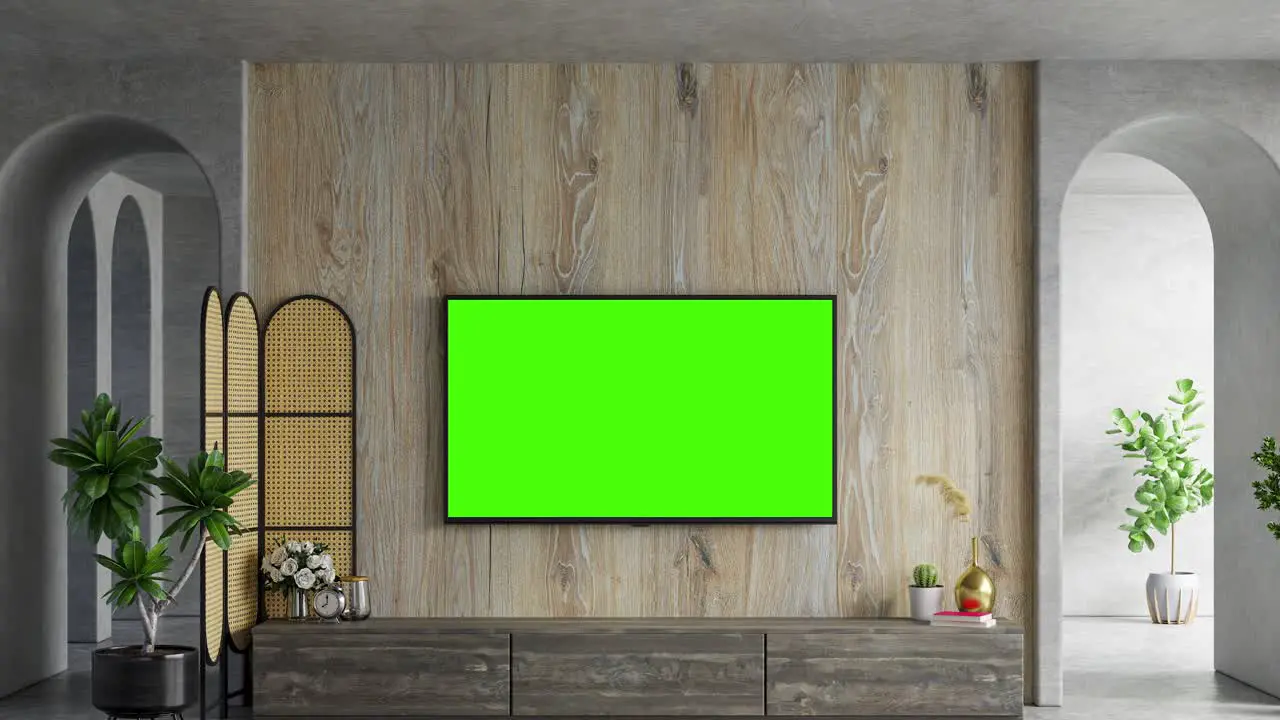 Mockup of a green screen modern television in the middle of an apartment interior living room no people