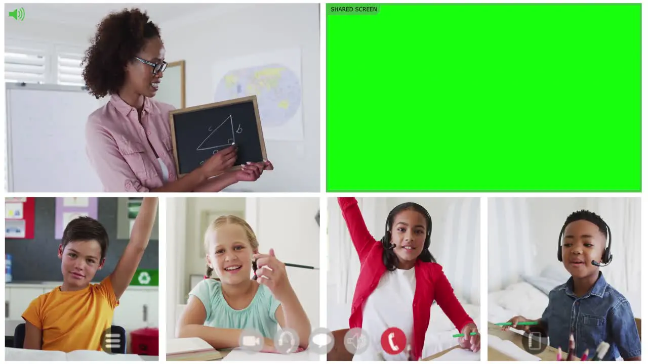 Animation of video call with green screen diverse teacher and four children in online lesson