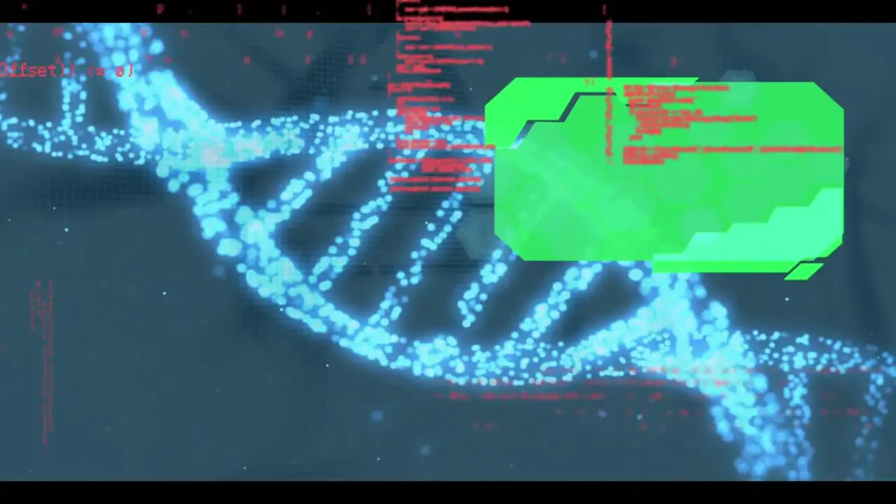 Animation of data processing with green screens over 3d dna strand spinning