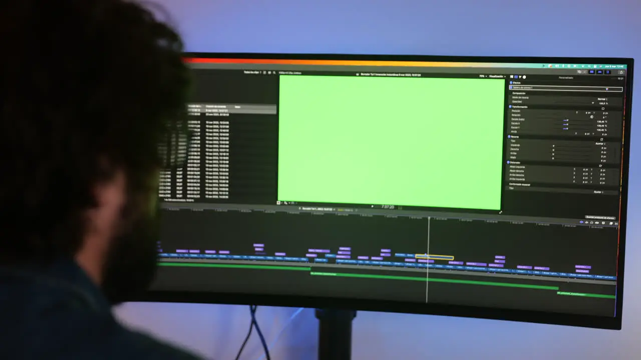 A professional editor working on editing program with green screen over the shoulder view