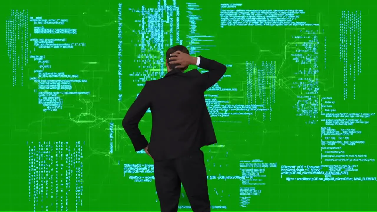 Businessman coding on green interface