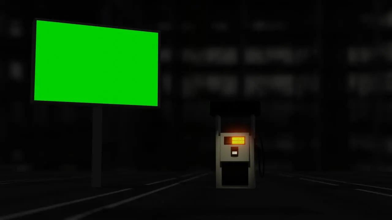 Empty green screen street sign and gas station fuel pump 3d rendering animation