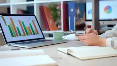 Business woman using mobile phone in office Office employee using smartphone