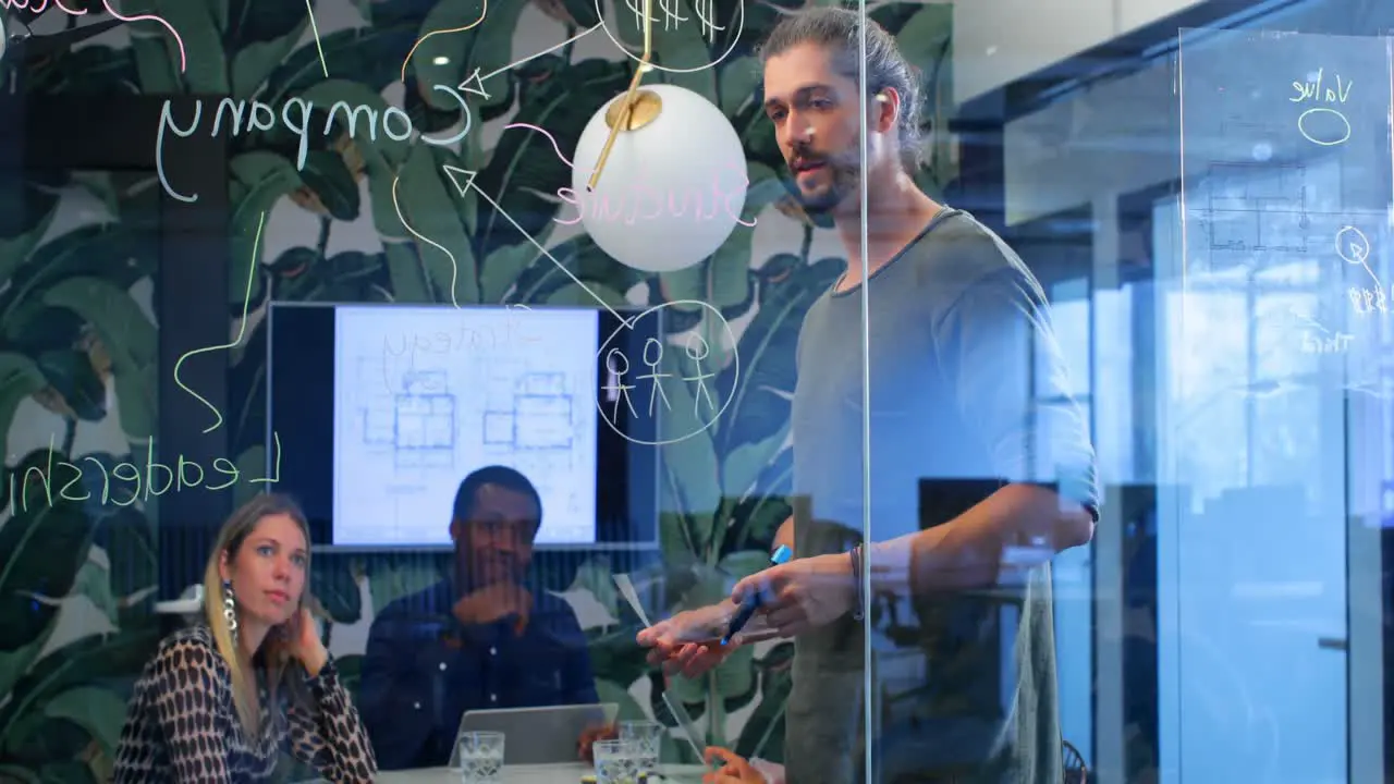 Male executive giving presentation on glass board in conference room 4k