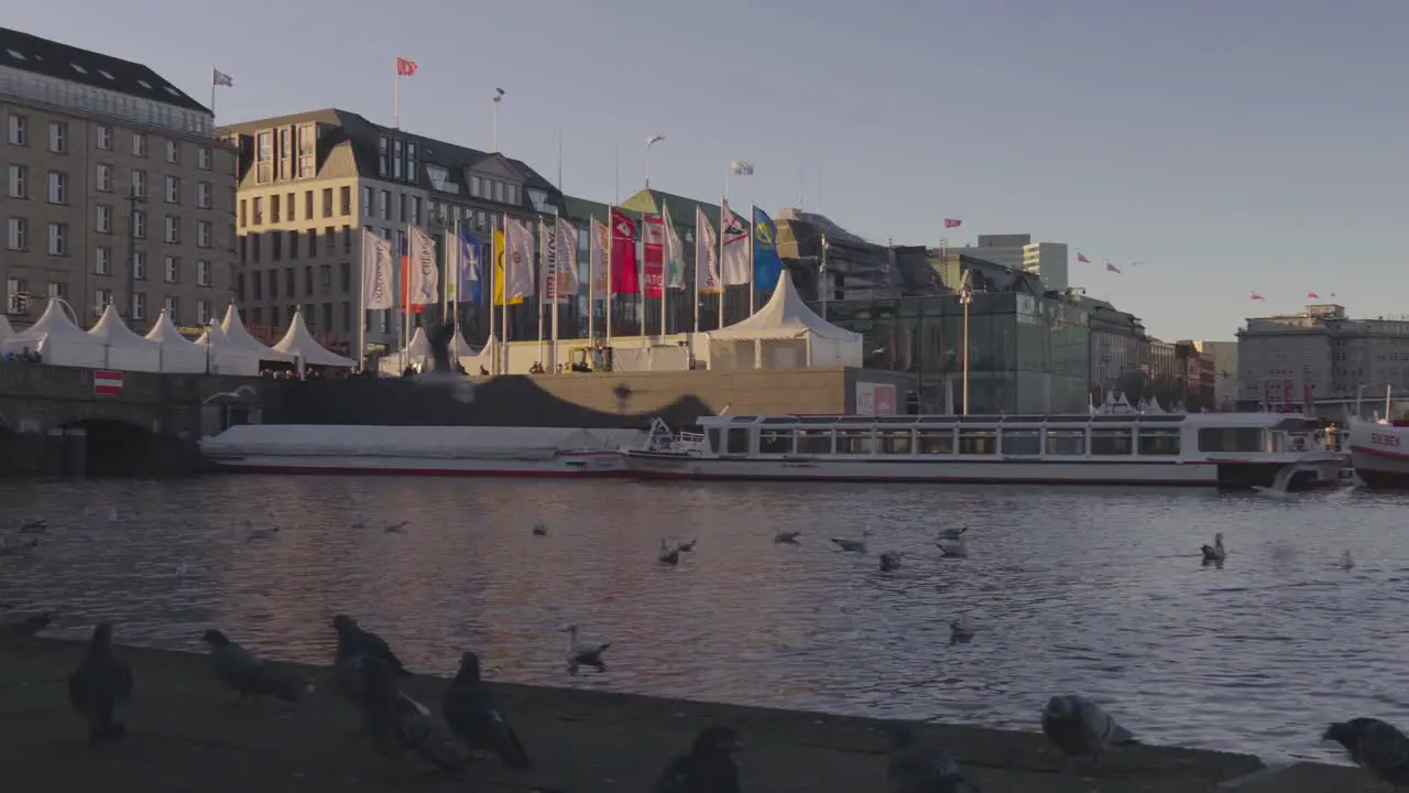 Panning view of the Christmas market at Binnenalster in Hamburg Germany in Dec 2019