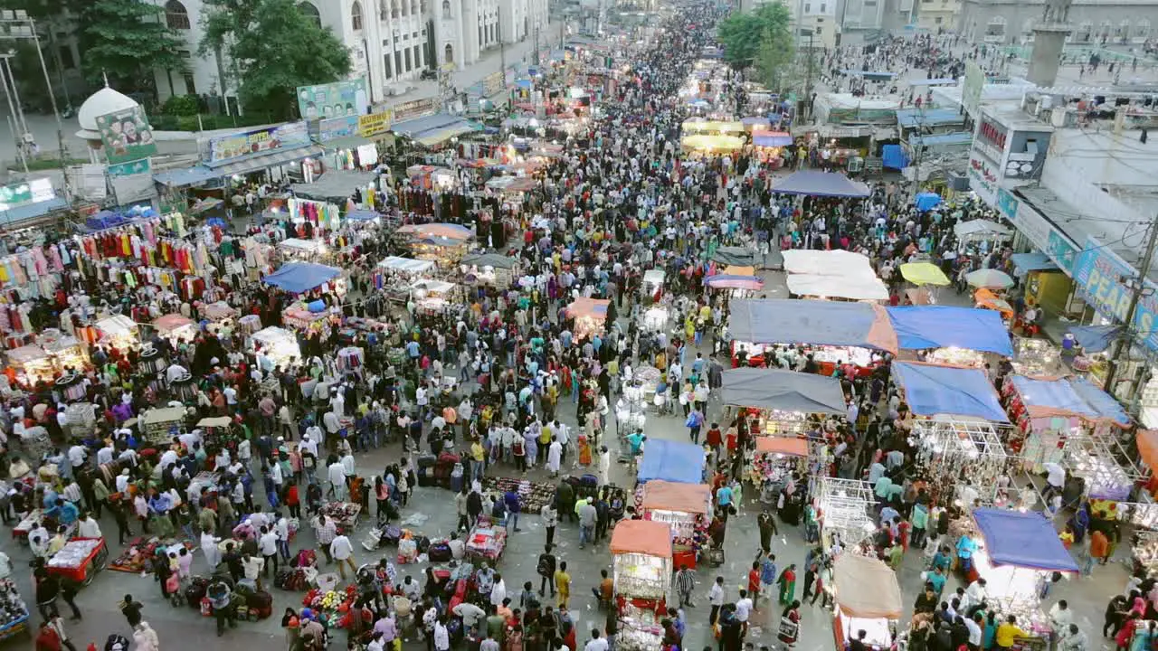 Aerial wide view of a crowded local market near Charminar Hyderabad India