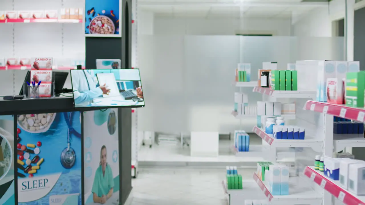 Medical pharmacy shelves stocked with healthcare goods