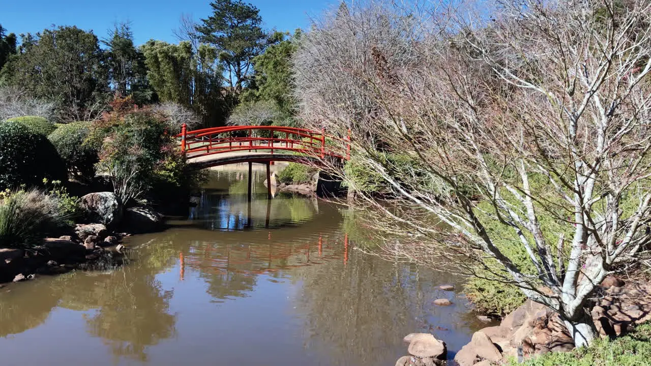 High shot red bridge over pond Ju Raku En Japanese Garden Toowoomba Australia