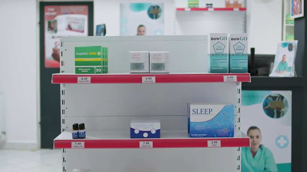 Empty drugstore shelves filled with medical supplies and pills